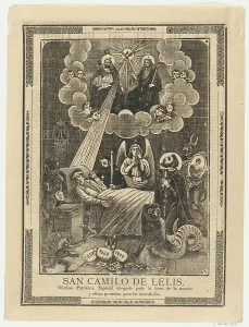 Letterpress Prints: Broadsheet with Saint Camilo de Lelis in bed surrounded by demons