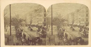 Panorama Prints: Broadway with horse-drawn carriages, ca. 1860s. Creator: Edward Anthony