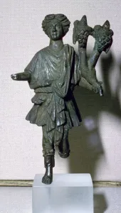 Bronze lar holding a double cornucopia