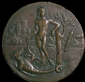 Brescia Collection: Bronze medallion of Apollo and the serpent Python, 16th century