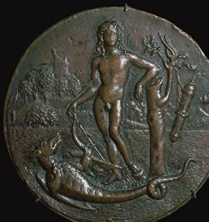 Brescia Collection: Bronze medallion of the Greek god Apollo and the serpent Python, 15th century