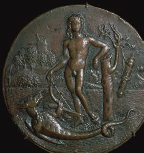 Brescia Collection: Bronze medallion of the Greek god Apollo and the serpent Python, 15th century