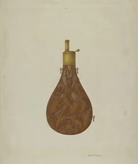 Powder Keg Prints: Bronze Powder Flask, c. 1939. Creator: George V. Vezolles