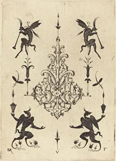 Mignot Daniel Prints: Brooch with Fantasy Creatures Blowing Horns at Top and Winged Griffins at Bottom