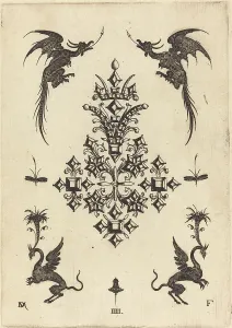 Dragons Prints: Brooch with Table-Stones, Winged Dragons at Top