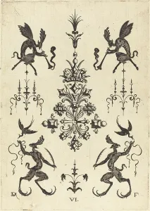 Mignot Daniel Prints: Brooch with Winged Fauns Blowing Trumpets at Top and Fantasy Creatures with Birds