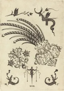 Mignot Daniel Prints: Two Brooches with Dragon and Insects at Top and Human Beings with Snake-like Tails