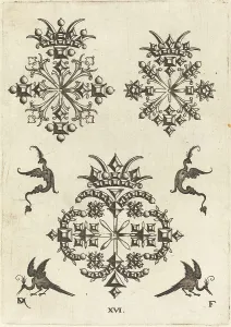 Three Brooches with Fantasy Birds at Left, Right, and Bottom, 1596. Creator: Daniel Mignot