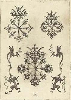 Three Brooches with Winged Snakes at Left and Right and Winged Griffins at Bottom, 1596. Creator: Daniel Mignot