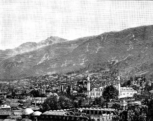 Marmara Prints: Broussa, in Asia Minor, the ancient Turkish capital: bird's-eye view of Broussa