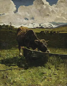 Albula Range Prints: Brown cow at the Watering Place, 1887. Creator: Segantini, Giovanni (1858-1899)