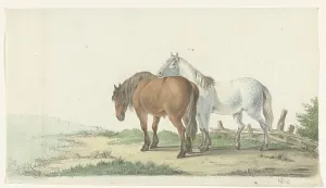 Jean Bernard Prints: A brown and white horse on a road next to a fence, 1802. Creator: Jean Bernard
