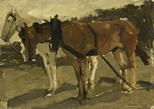 Breitner George Hendrik Prints: A Brown and a White Horse in Scheveningen, c.1880-c.1923. Creator: George Hendrik Breitner