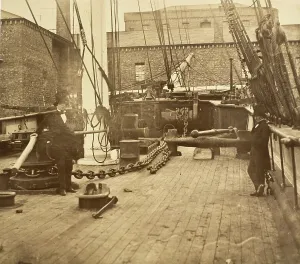Masts Prints: Brunel Aboard the Aphrodita, Liverpool, c.1857. Creator: Robert Howlett