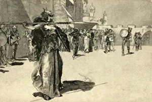 Attack Prints: Brunhild, The Warrior-Queen, Hurls Her Spear at Gunthers Shield, 1882. Creator: Unknown