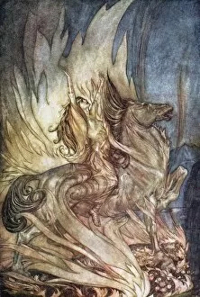 Brunnhilde on Grane leaps onto the funeral pyre of Siegfried. Illustration for Siegfried and The Tw Artist: Rackham