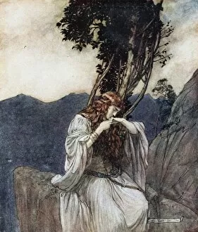 Brunnhilde kisses the ring that Siegfried has left with her. Illustration for Siegfried and The Twi Artist: Rackham