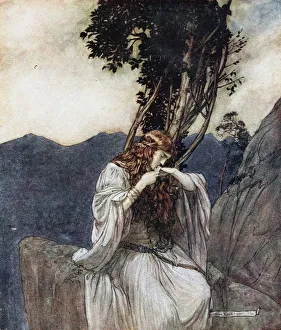 Brynhild Gallery: Brunnhilde kisses the ring that Siegfried has left with her. Illustration for Siegfried