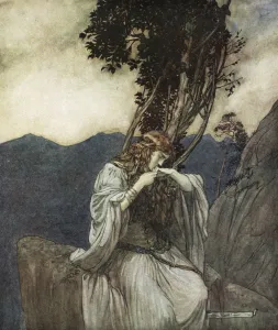 Brunnhilde Prints: Brunnhilde kisses the ring that Siegfried has left with her, 1924