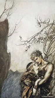 Brunnhilde Prints: Brunnhilde throws herself into Siegfrieds arms, 1924. Artist: Arthur Rackham