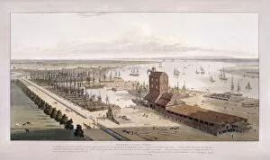 Wharf Gallery: Brunswick Dock, and East India Dock, Poplar, London, 1803. Artist: William Daniell