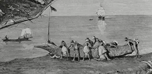 Island Prints: Bubis launching a canoe into the water