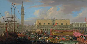 Grand Canal Prints: The Bucintoro Departing from the Bacino di San Marco, 1710. Creator: Luca Carlevarijs