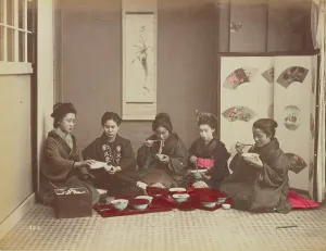 Macaroni Prints: Buck Wheat Macaroni Eating, 1870s-1890s. Creator: Kusakabe Kimbei