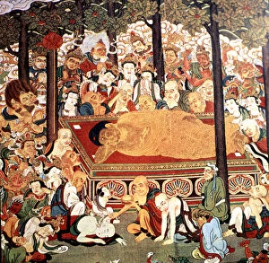Disciple Gallery: Buddha on his deathbed surrounded by his disciples and animals expressing their pain