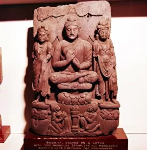 Brahmin Gallery: Buddha meditating with disciples, Sariputta and Moggallana, c2nd-3rd century
