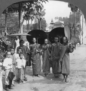 Rangoon Prints: Buddhist monks with sunshades and fans, Rangoon, Burma, 1908. Artist: Stereo Travel Co