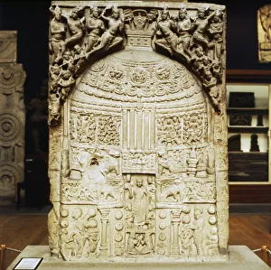 Adoring Prints: Buddhist Stupa with figures of Buddha adored by flying deities, 2nd century