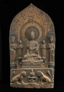 Buddhist tablet: seated central figure flanked by monk..., Period of Division, 550-577 Buddhist tablet: seated central figure flanked by monk..., Period of Division, 550-577
