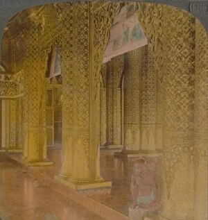Buddhist temple interior with costly decorations in gold and colors, Moulmein, Burma, 1907