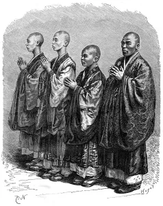 Buddhists in prayer, Japan, 19th century.Artist: A de Neuville Buddhists in prayer, Japan, 19th century.Artist: A de Neuville