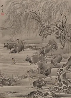 Kawanabe Kyosai Prints: Buffalo and Herdsman, ca. 1887. Creator: Kawanabe Kyosai