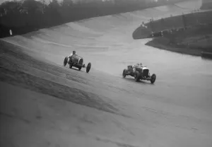Bugatti Gallery: Bugatti and Bentley of Eddie Hall racing at a BARC meeting, Brooklands, Surrey, 1931 Artist