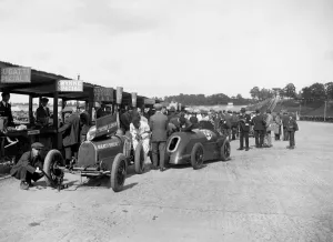Pits Prints: Bugatti Special 1 and Gwynne Special in the pits at a BARC meeting, Brooklands, 1933