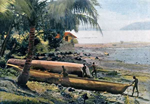 Building canoes, Andaman and Nicobar Islands, Indian Ocean, c1890. Artist: Gillot Building canoes, Andaman and Nicobar Islands, Indian Ocean, c1890. Artist: Gillot