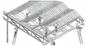 Ladders Prints: The Building in Hyde Park, for the Great Exhibition of 1851 - Glazing the Roof