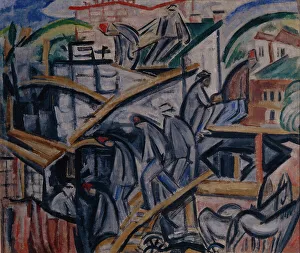 Rozanova Prints: Building new house, 1913. Artist: Rozanova, Olga Vladimirovna (1886-1918)