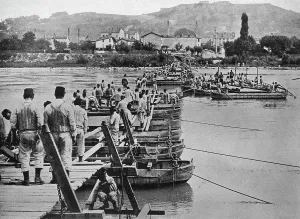 Building a pontoon bridge over a French stream, 1915