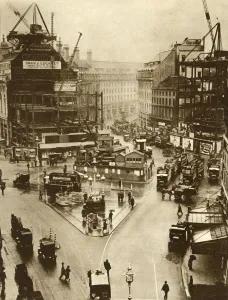 Public Transport Prints: Building work at Piccadilly Circus in London, 1926, (1935). Creator: Unknown