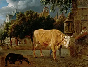 Bull in a City Street, c1670. Creators: Adriaen van de Velde, Jan van der Heyden