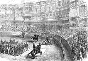 Fundraising Prints: A bull-fight at Lisbon: the performers saluting the audience, 1874. Creator: Unknown