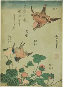 Strawberry Prints: Bull-headed Shrike and Bluebird with Saxifrage and Wild Strawberry (Mozu)