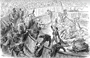 The Bull leaping the barrier; Notes on Spain, 1875. Creator: Unknown