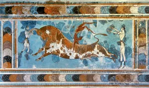 Bull-leaping fresco, Palace of Knossos, Crete, Greece, Bronze Age, (2000). Creator: Unknown