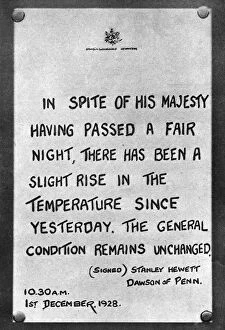 Bulletin of the Kings medical progress fixed to the palace railings, 1928, (1935)