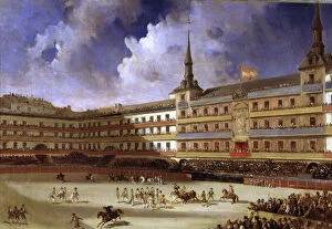 Bullfight in the Plaza Mayor in Madrid 1846 oil by Pharamond Blanchard